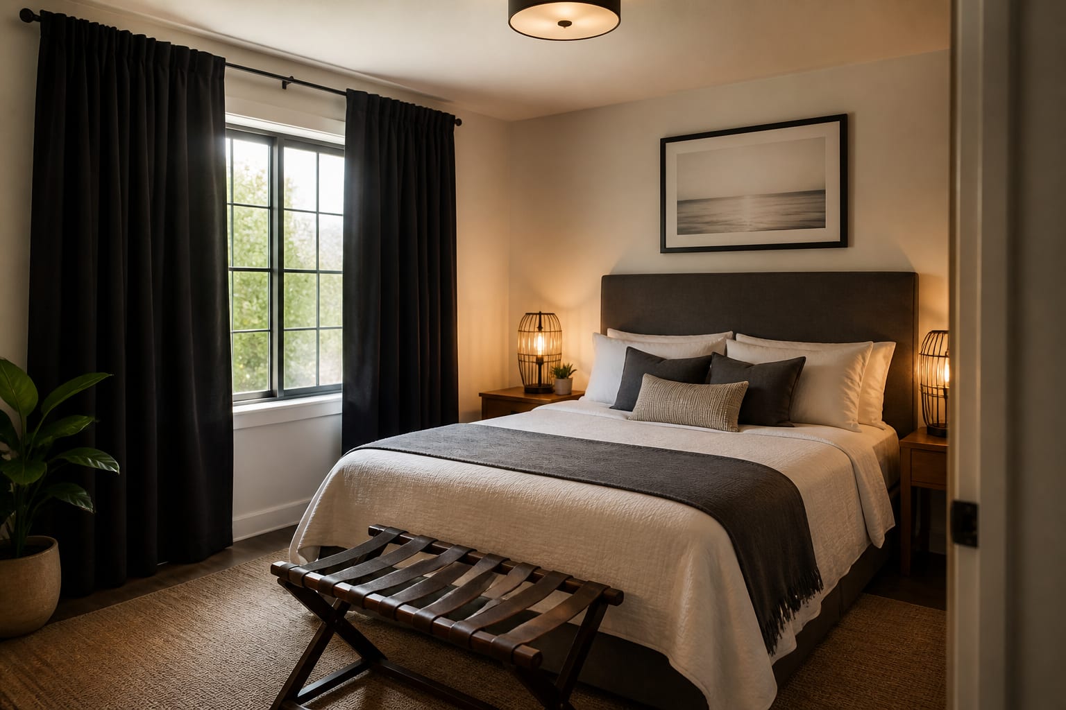 compact vacation rental bedroom with queen bed, blackout curtains, luggage bench, warm bedside lighting, and durable washable textiles