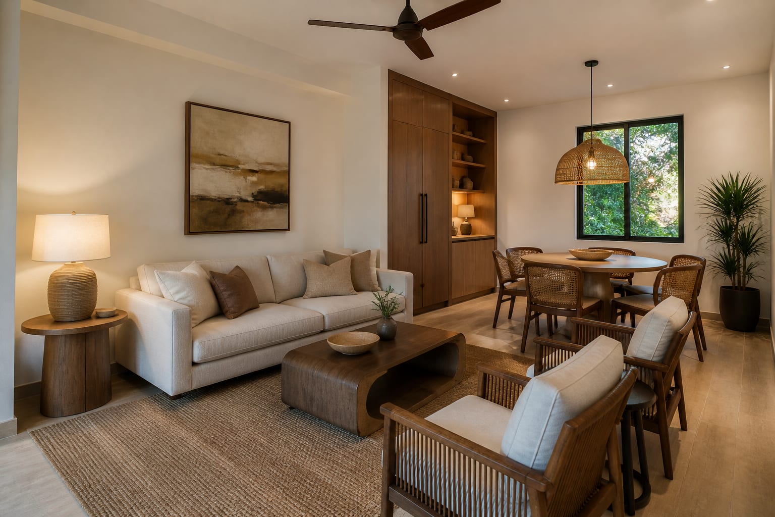 vacation rental living area with defined sofa zone, round dining table, closed entry storage, layered lamps, and durable guest-friendly finishes