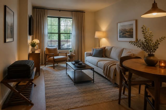 guest-ready vacation rental living room with washable rug, warm lamps, compact dining nook, luggage bench, and calm neutral palette