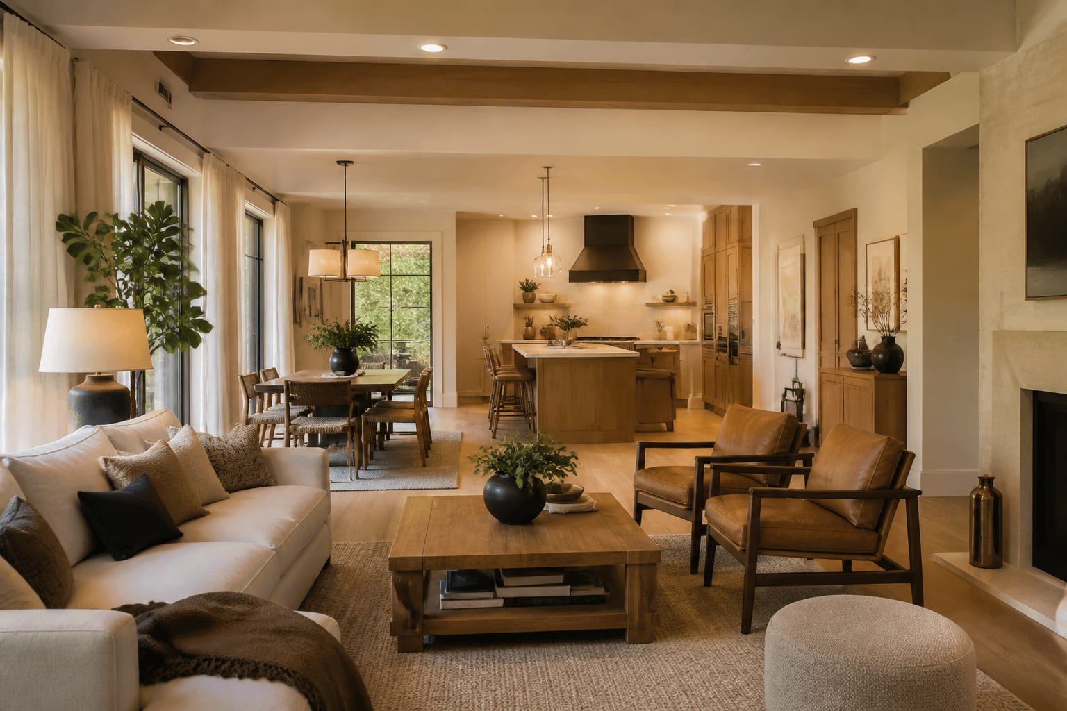 open-plan home view with coordinated warm neutrals, repeated wood tones, layered lamps, and distinct room zones