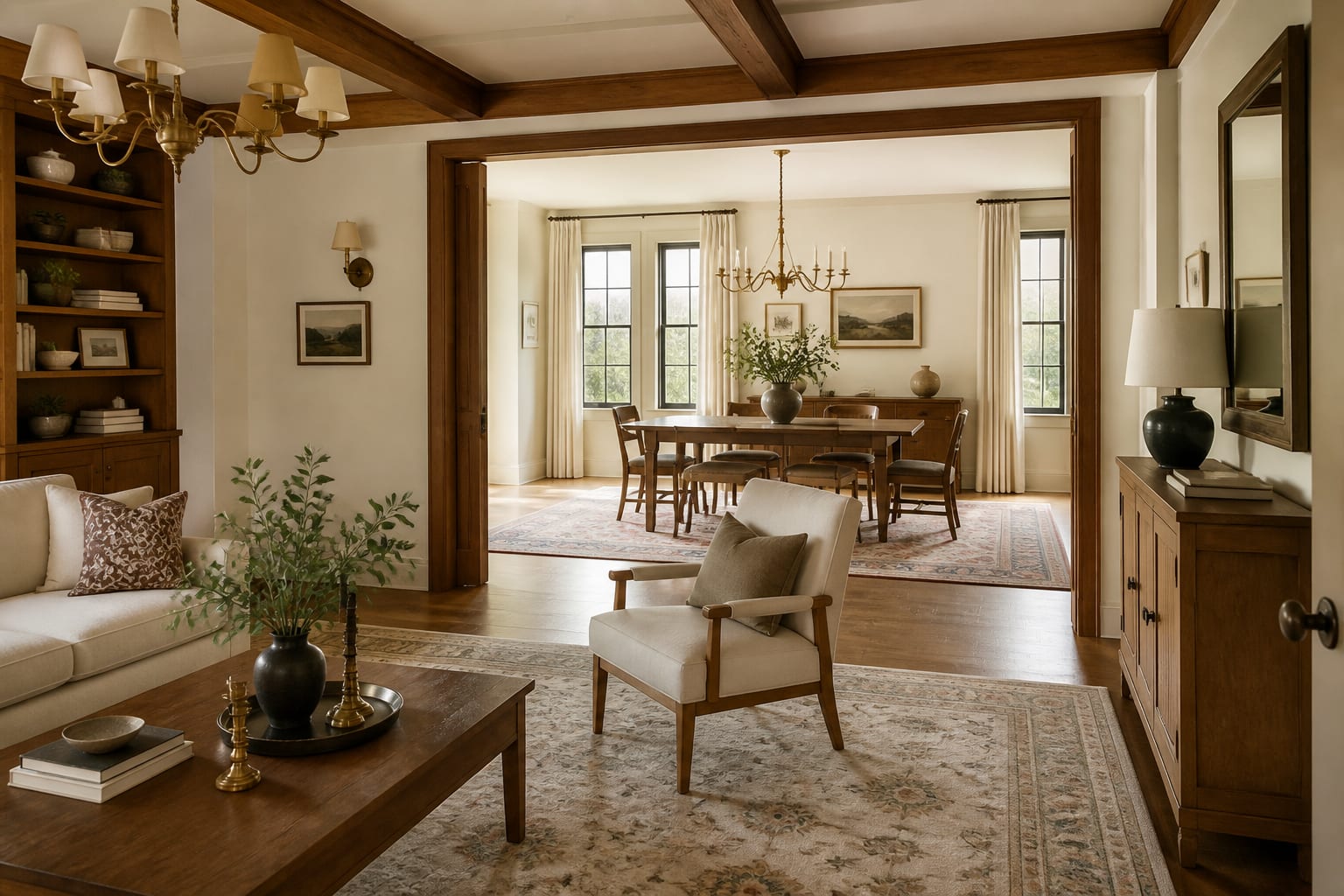 connected living and dining rooms using repeated oak, cream walls, brass lighting, and different rug patterns