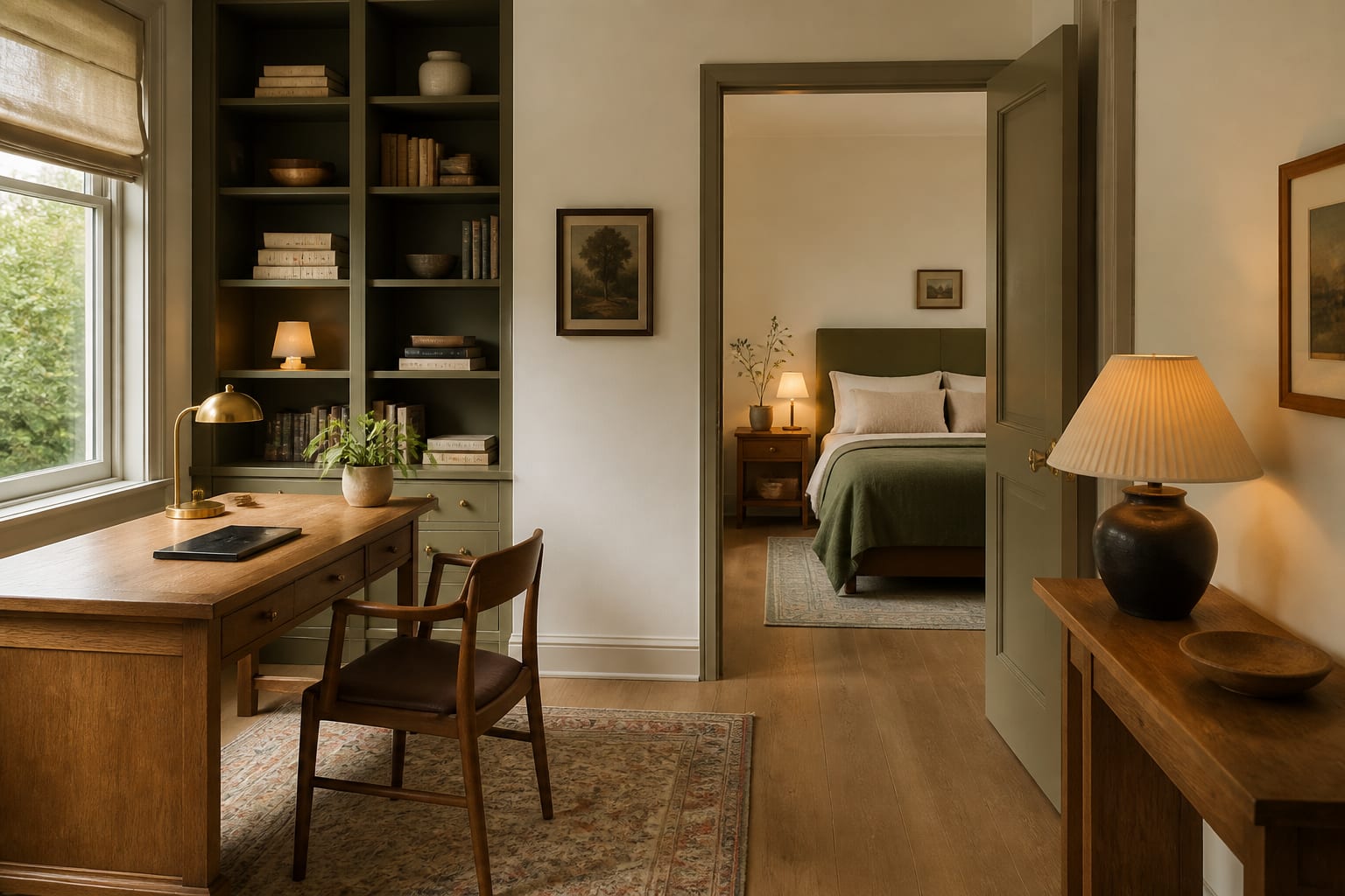 home office and bedroom previews sharing warm white walls, muted green accents, oak furniture, and soft brass lamps
