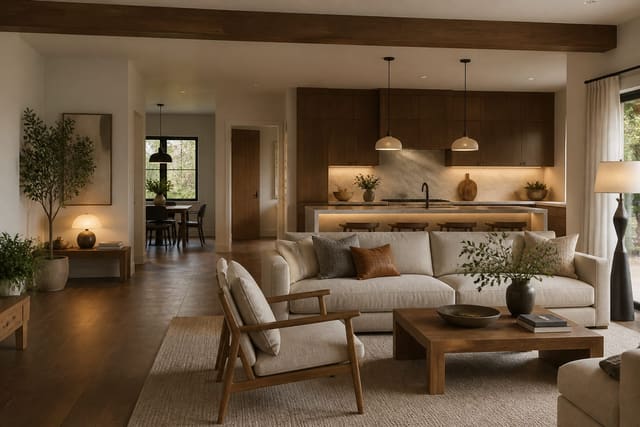 open-plan home view with coordinated warm neutrals, repeated wood tones, layered lamps, and distinct room zones