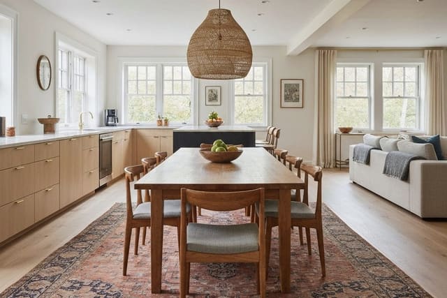 open kitchen dining combo with a round table near an island, warm pendants, wood chairs, and a clear walking path between zones