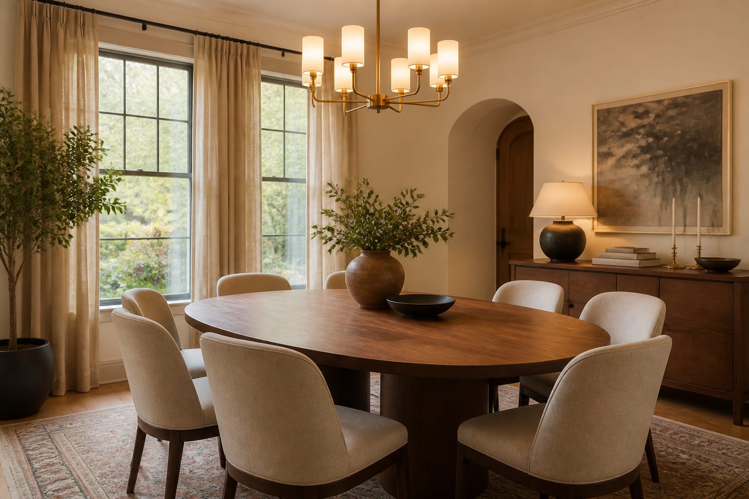 warm dining room with oval wood table, upholstered chairs, linen curtains, brass chandelier, and slim sideboard storage