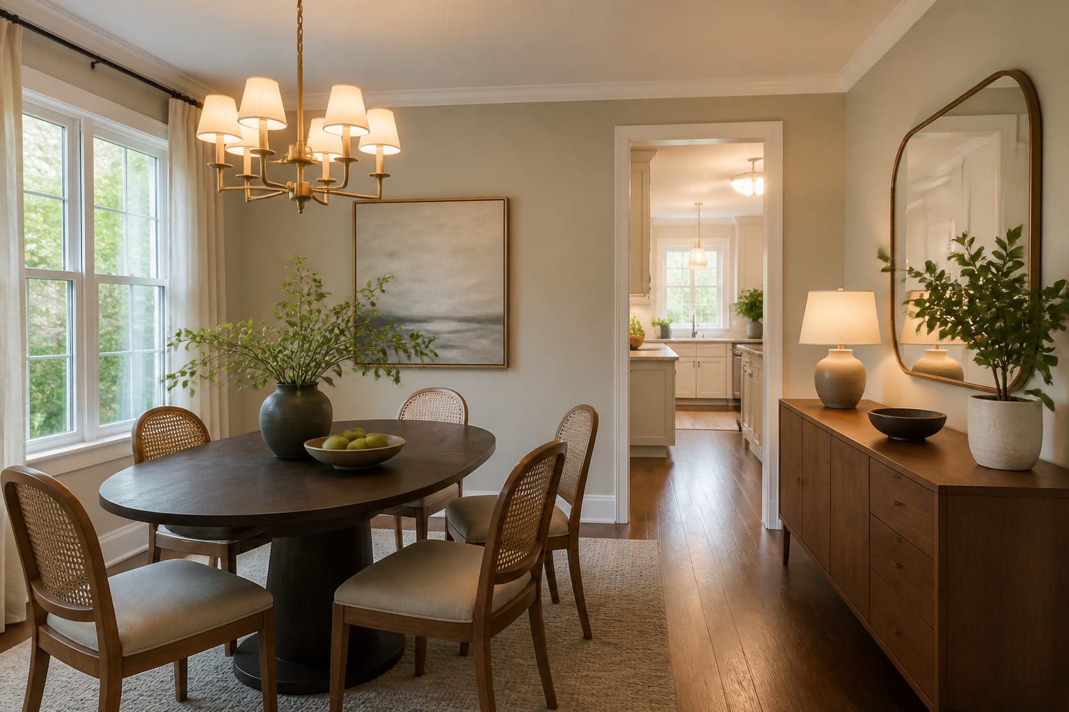 compact dining room with oval pedestal table, 36 inch walkway to kitchen, warm chandelier, and shallow sideboard