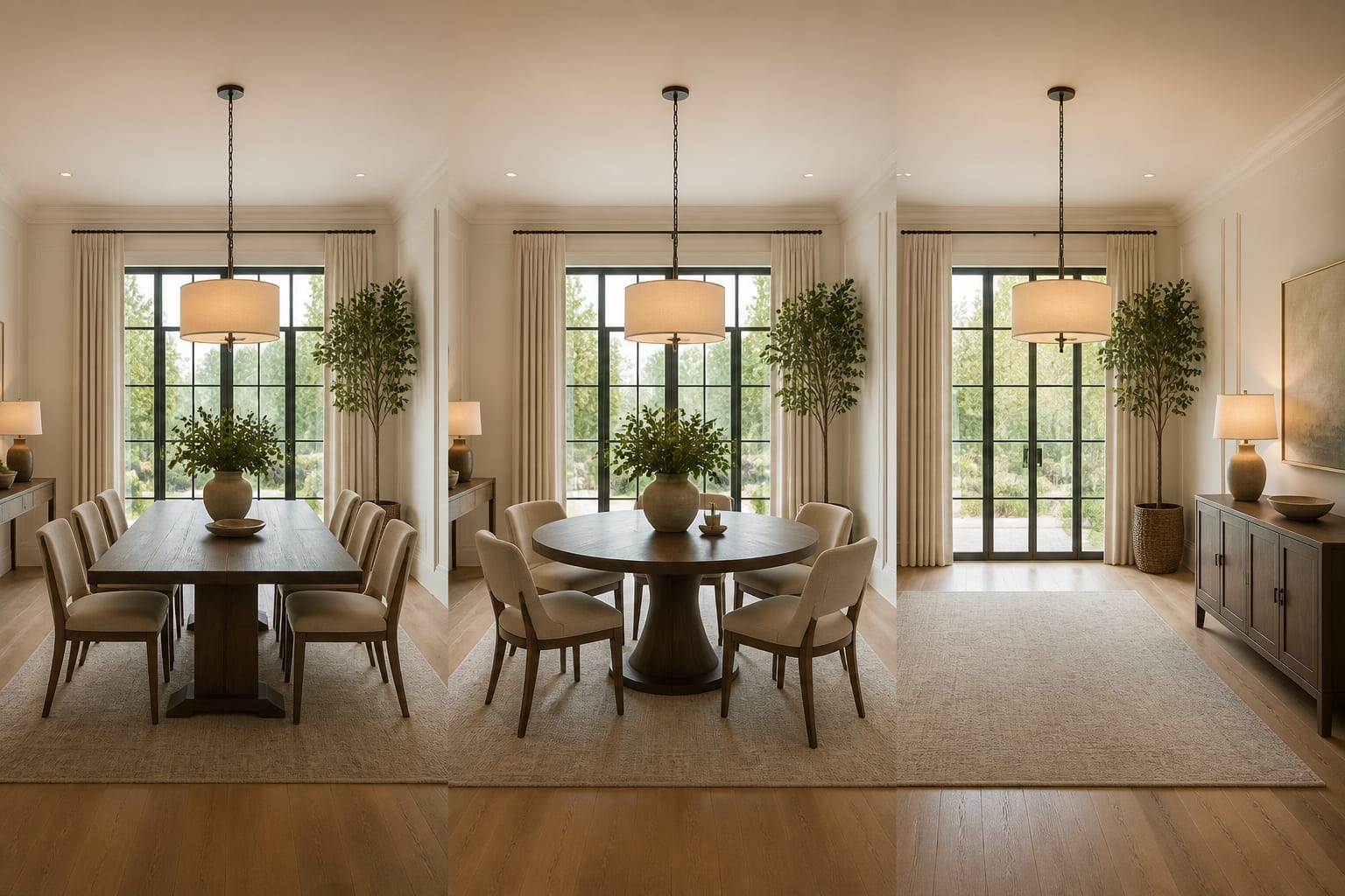 AI dining room preview comparing rectangular table, round table, and sideboard placement in the same real room