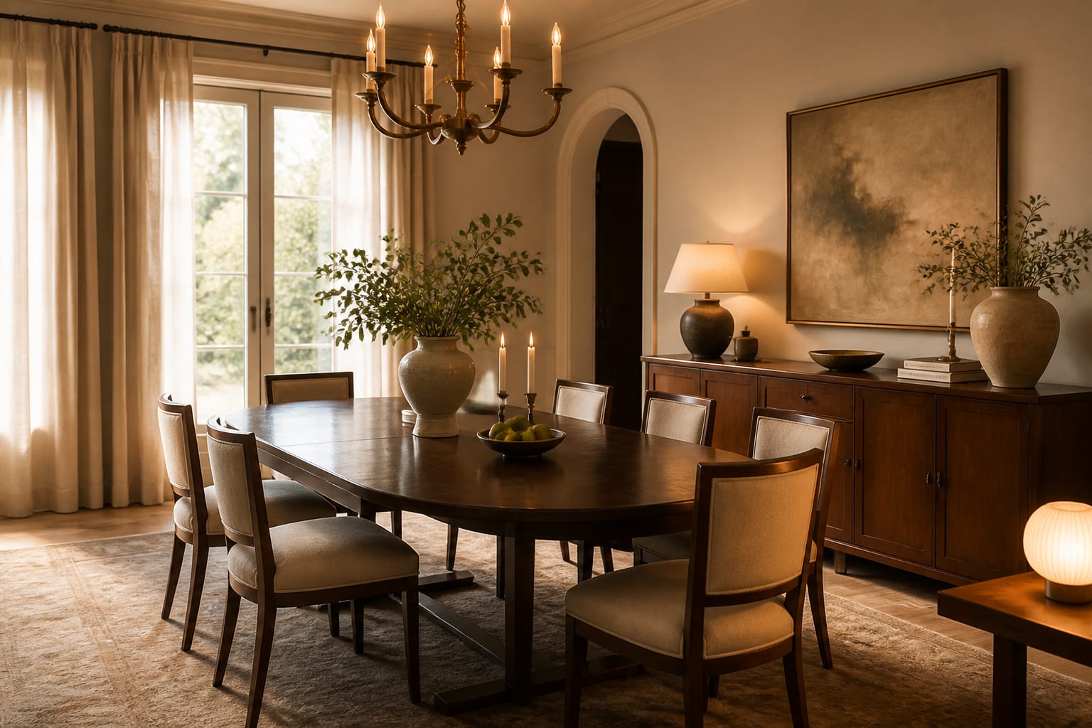 warm dining room with oval wood table, upholstered chairs, linen curtains, brass chandelier, and slim sideboard storage