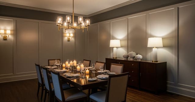 An AI dining room redesign preview showing an oval walnut table with cane-back chairs, a wool rug, and a linear pendant generated from a real room photo