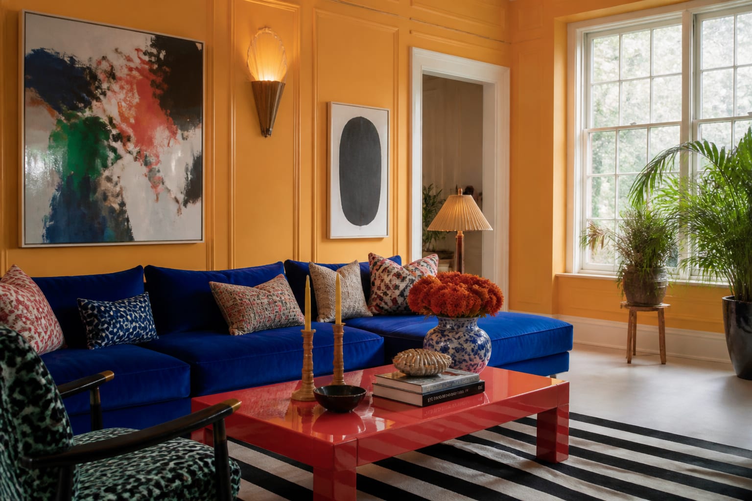 maximalist living room with citrus walls, cobalt sofa, striped rug, glossy red table, and playful art arranged with clear color balance.