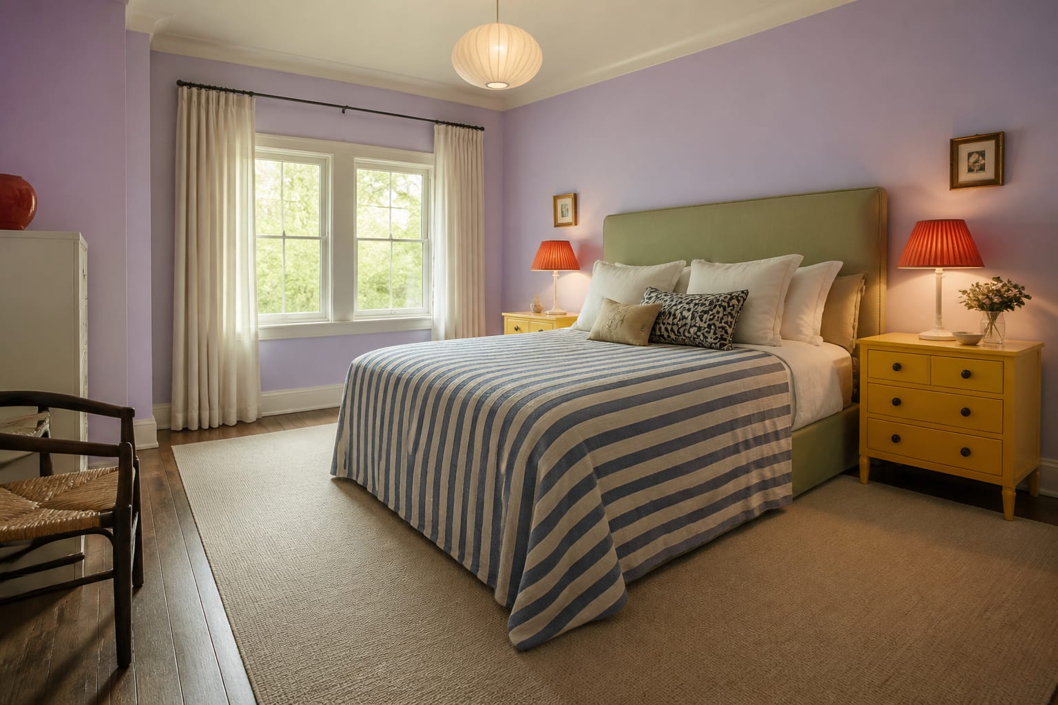 color-blocked bedroom with lilac walls, striped bedding, yellow nightstands, red lamp shades, and a clear path around the bed.