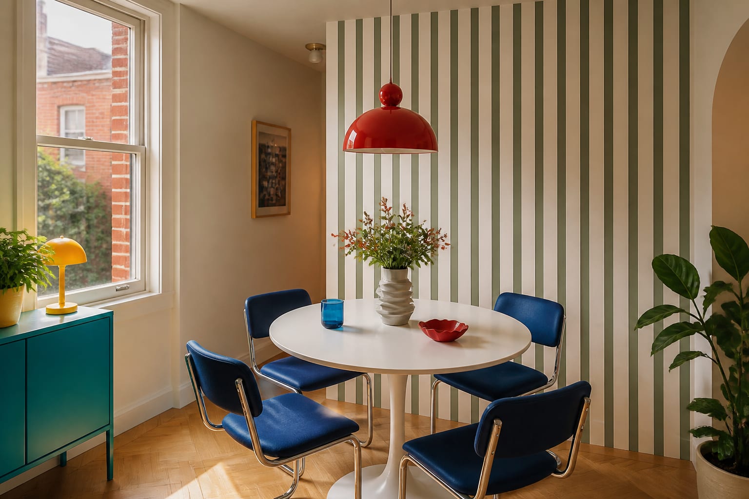 renter-friendly dopamine decor dining nook with removable striped wall panels, blue chairs, red pendant, and a round white table.