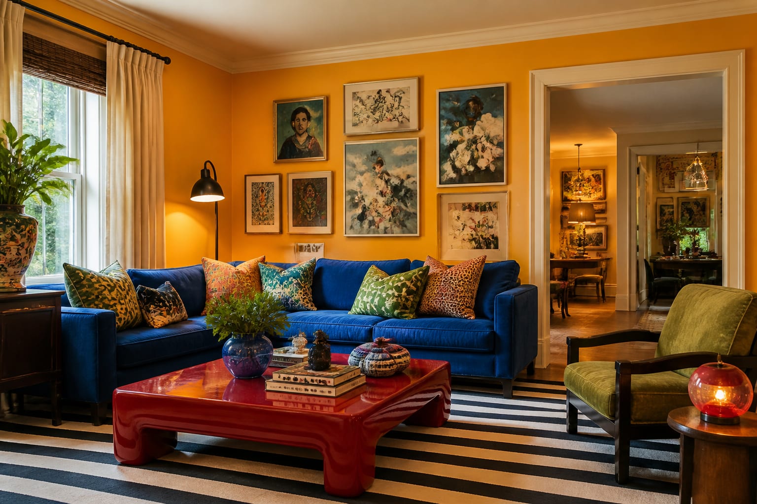 maximalist living room with citrus walls, cobalt sofa, striped rug, glossy red table, and playful art arranged with clear color balance.