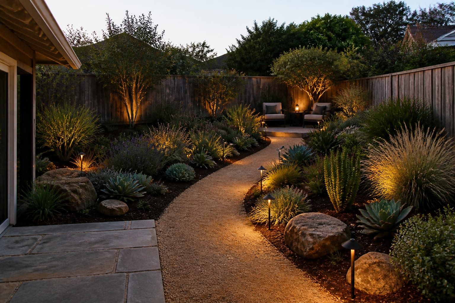 AI drought tolerant garden design preview with gravel paths, native grasses, succulents, mulch, boulders, and shaded seating