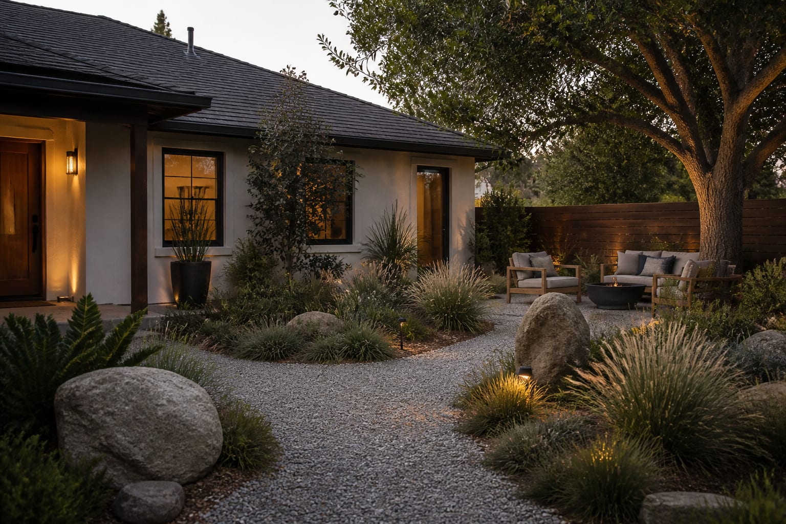 low-water front garden with gravel path, native grasses, boulders, and shaded seating replacing thirsty lawn