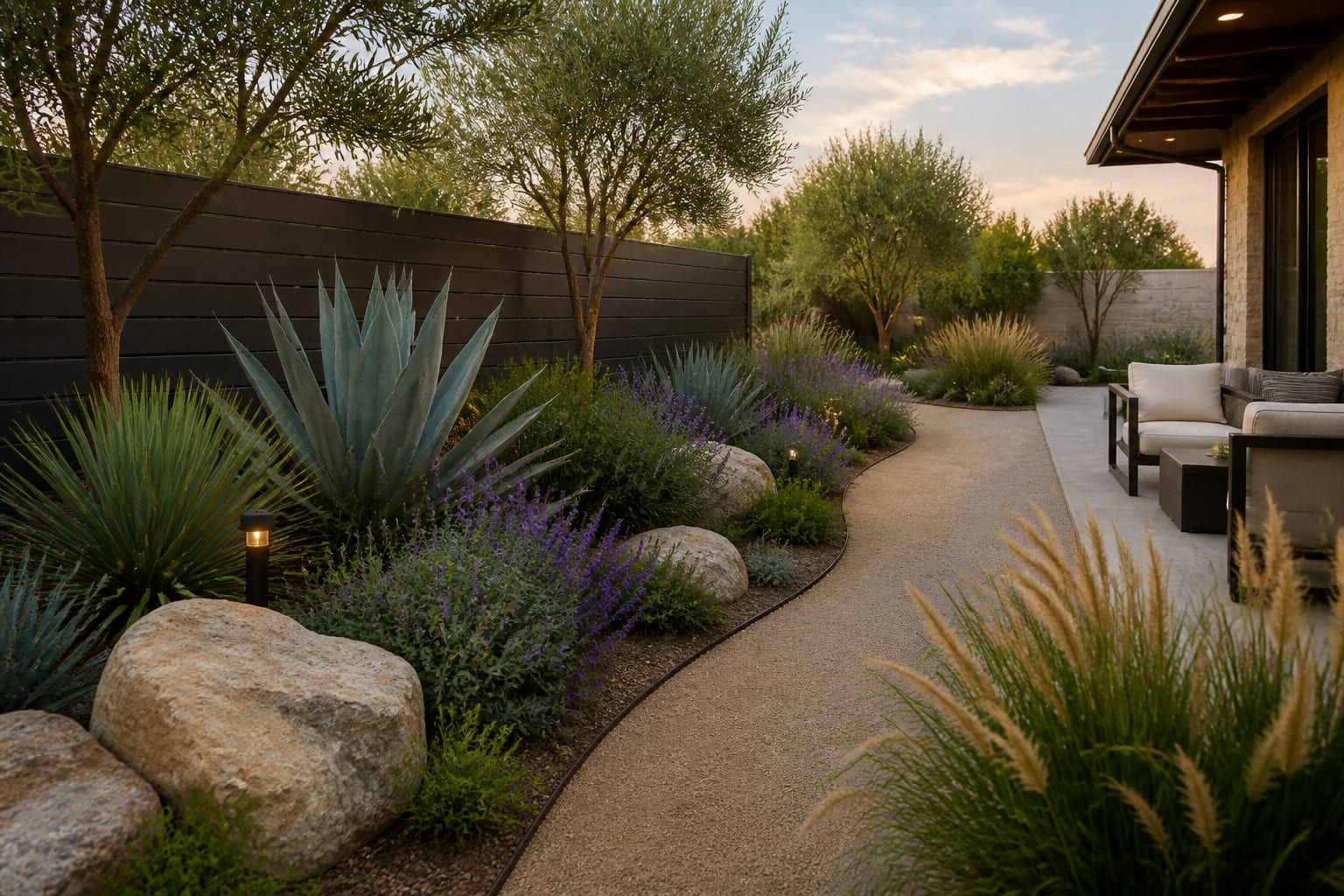 xeriscape border with decomposed granite, boulders, agave, salvia, grasses, and a narrow maintenance path