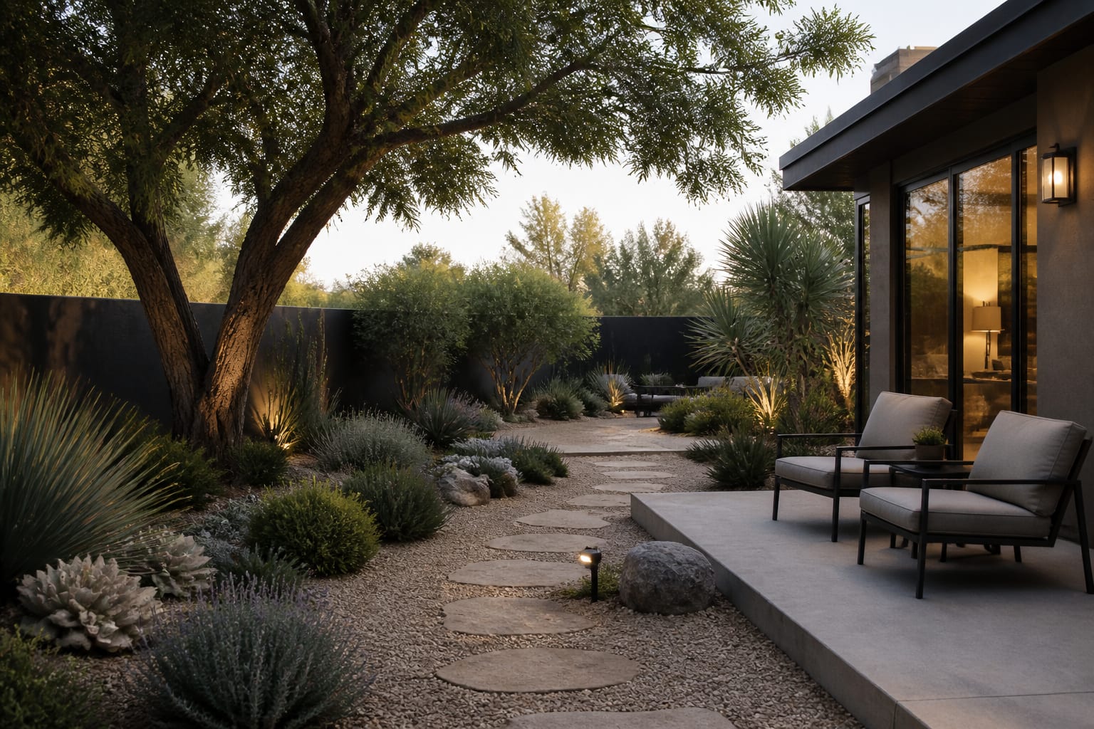 patio-side xeriscape preview with shade tree, gravel path, low-water planting, and two lounge chairs