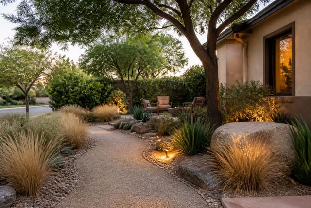 low-water front garden with gravel path, native grasses, boulders, and shaded seating replacing thirsty lawn