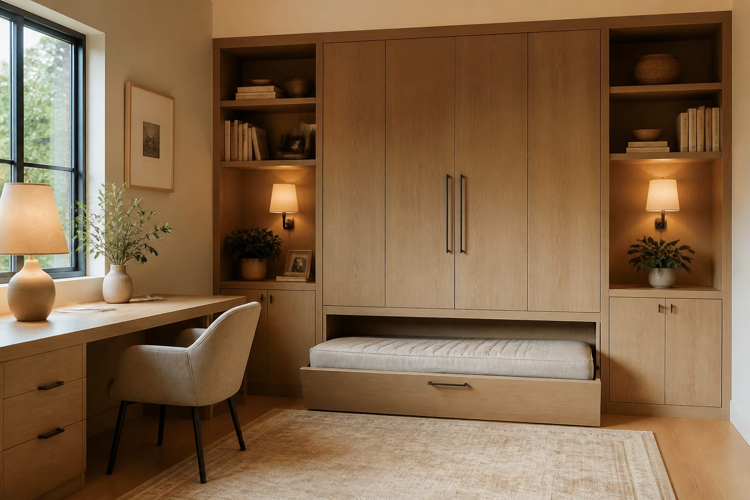dual-purpose room with a compact desk zone, concealed guest bed, warm sconces, and built-in storage along one wall