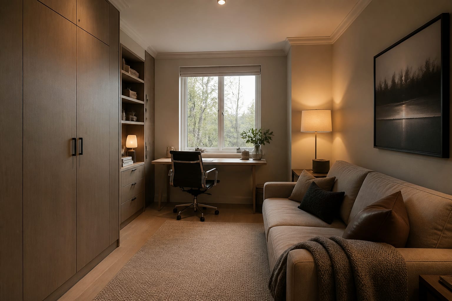 compact flex room showing a desk by the window, sleeper sofa on the long wall, closed storage, and separate warm light zones