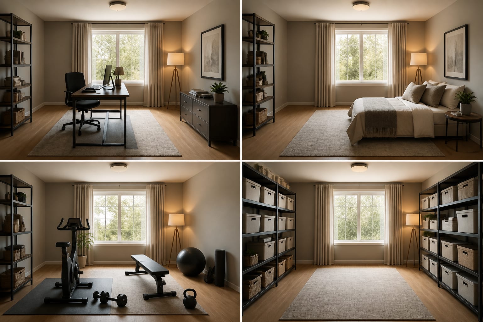AI preview grid comparing office mode, guest mode, workout mode, and storage-focused mode for the same spare room