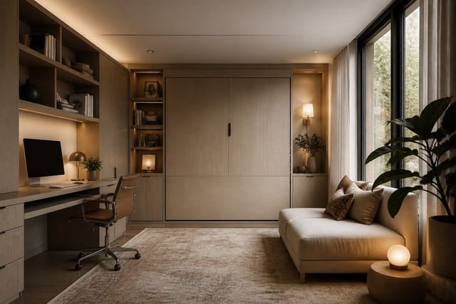 dual-purpose room with a compact desk zone, concealed guest bed, warm sconces, and built-in storage along one wall
