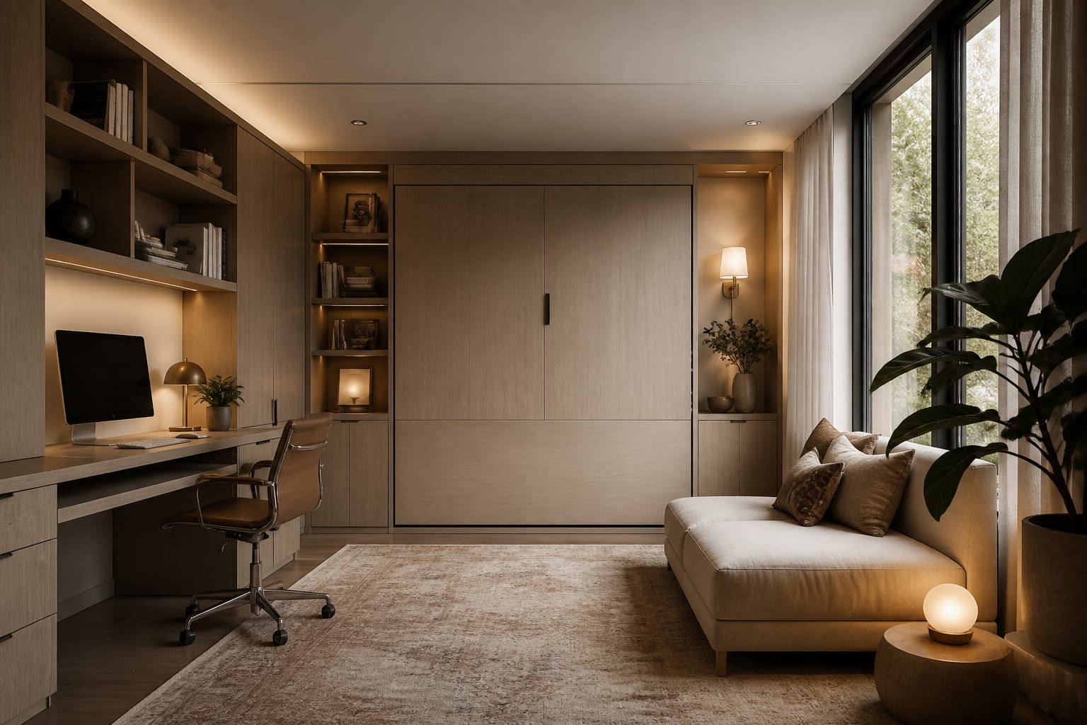 dual-purpose room with a compact desk zone, concealed guest bed, warm sconces, and built-in storage along one wall