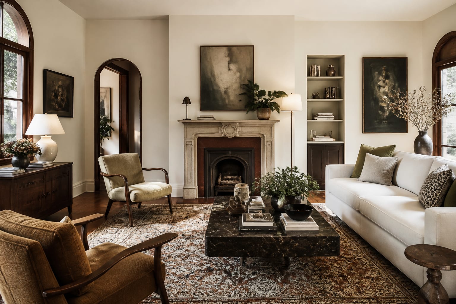 eclectic living room with vintage chairs, modern sofa, patterned rug, warm lamps, and mixed wood tones balanced by cream walls
