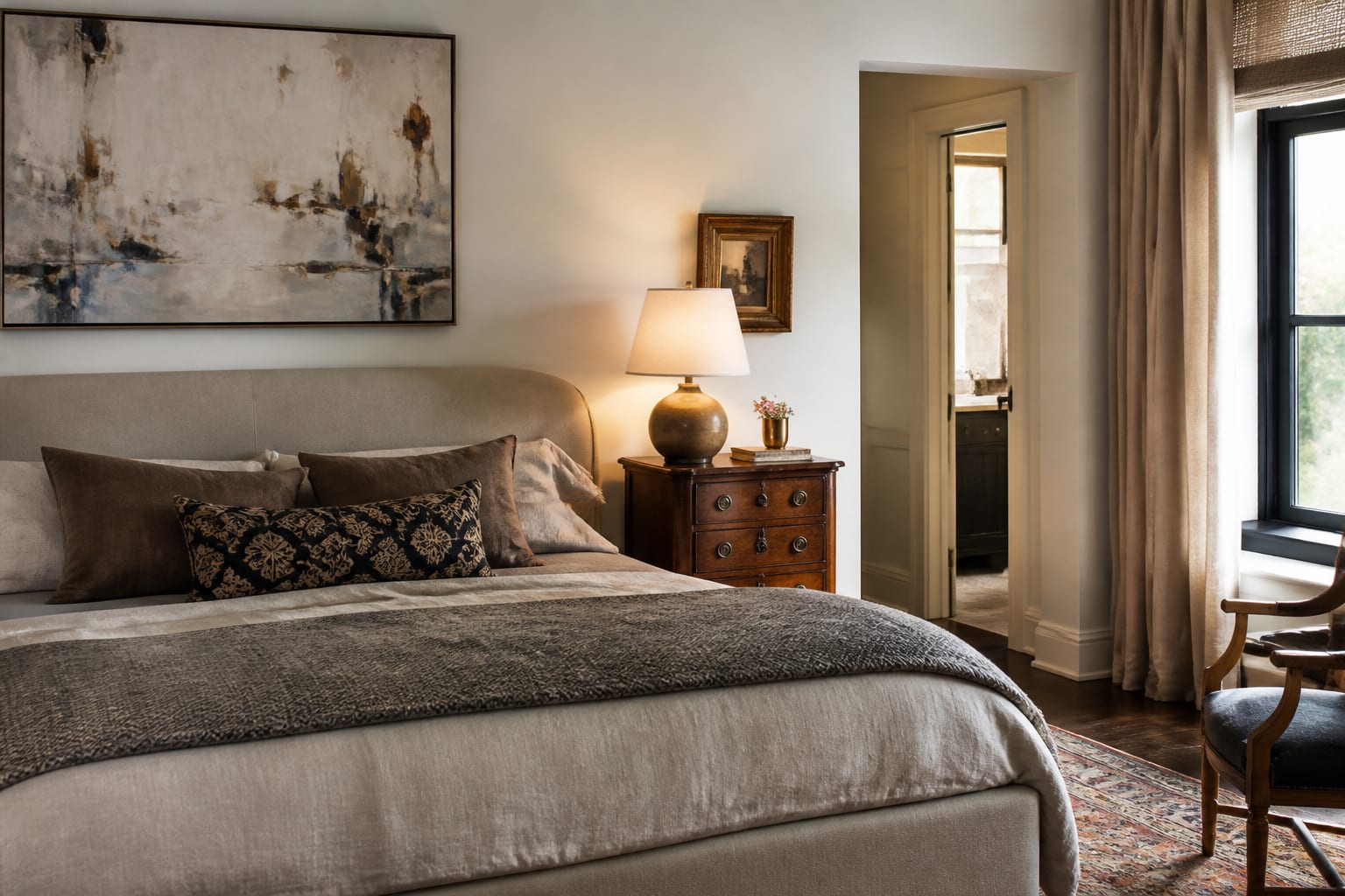 mixed style bedroom with a tailored upholstered bed, antique nightstand, modern lamp, abstract art, and layered textiles