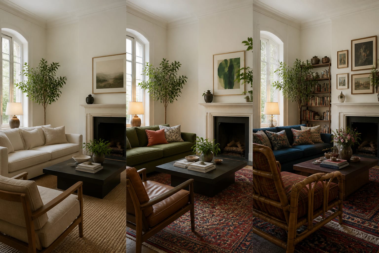 AI preview comparison of the same eclectic living room in restrained, colorful, and collected mixed-style versions