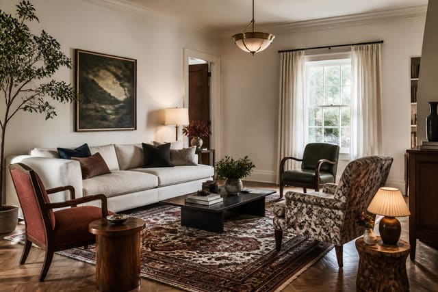 eclectic living room with vintage chairs, modern sofa, patterned rug, warm lamps, and mixed wood tones balanced by cream walls