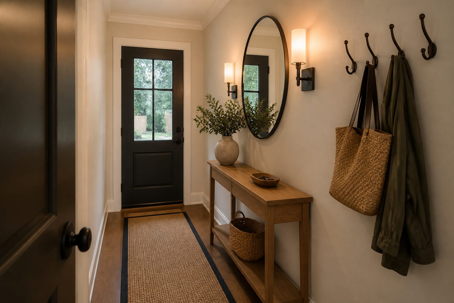 Same entryway with a narrow 12-inch console, round 28-inch mirror, washable runner, hooks, and warm 2700K sconces