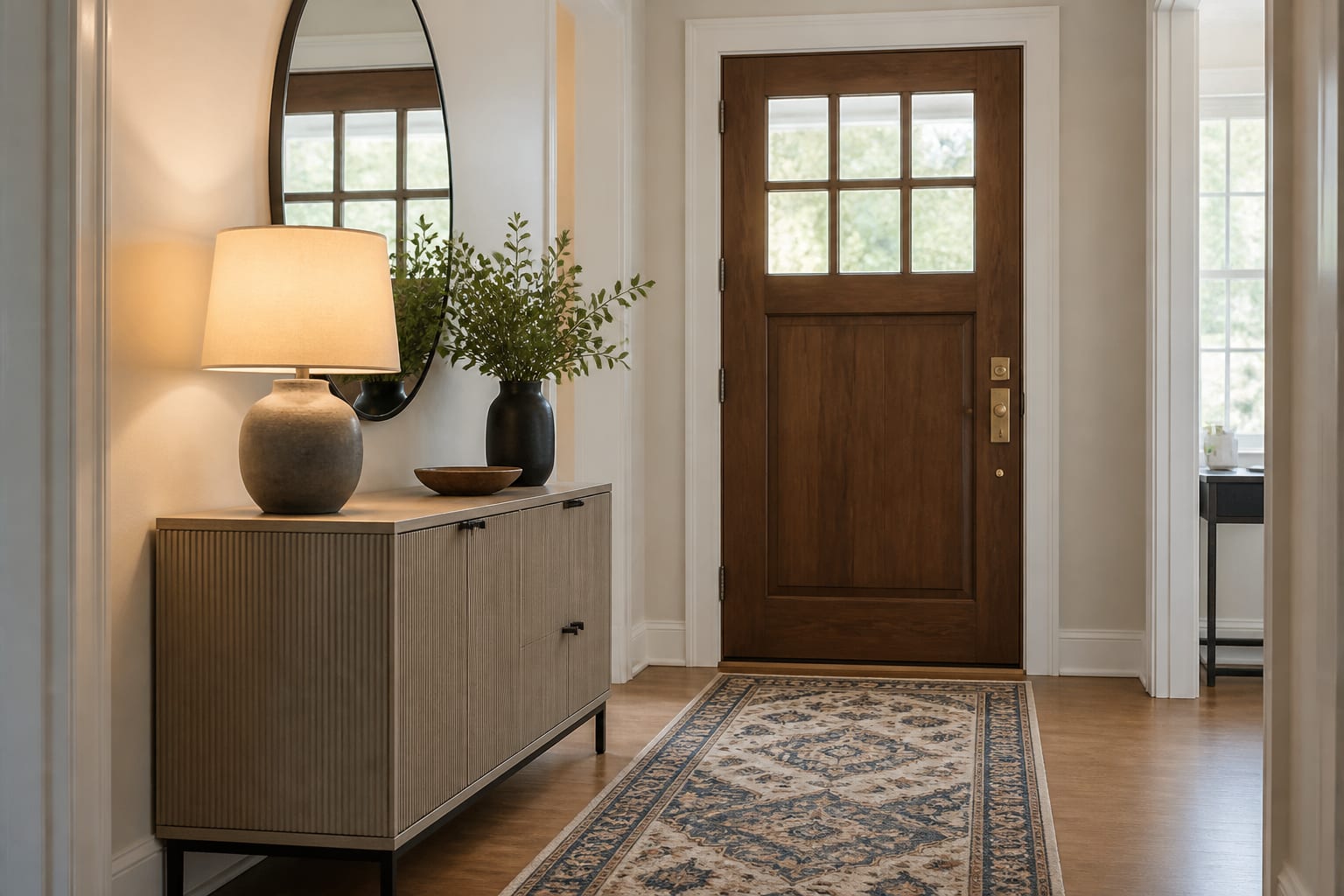 front door wall shown with a slim console, large mirror, warm lamp, closed shoe storage, and a washable patterned runner