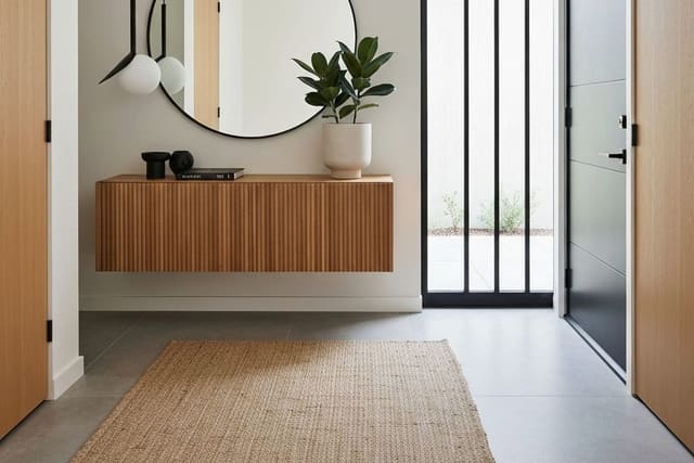 warm entryway with a narrow wood console, round mirror, washable runner, wall hooks, and soft ceiling light near a painted front door