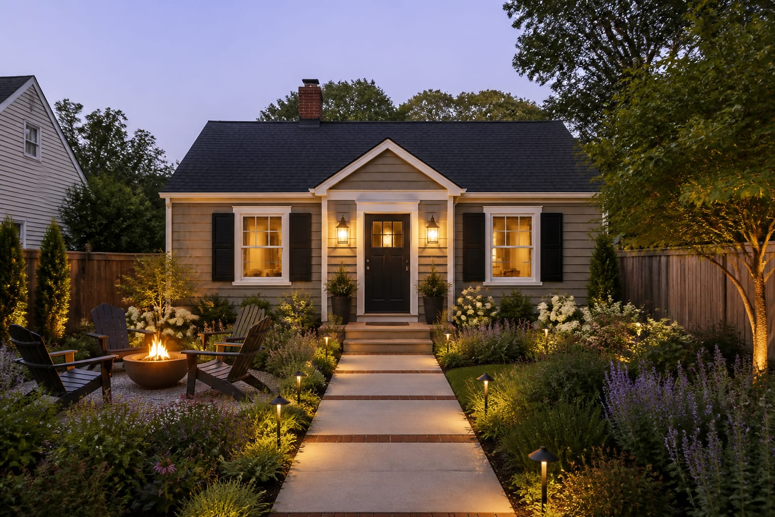 Same house exterior redesigned with warm siding, crisp trim, bold front door, larger lanterns, fuller planting beds, and a clearer walkway focus.