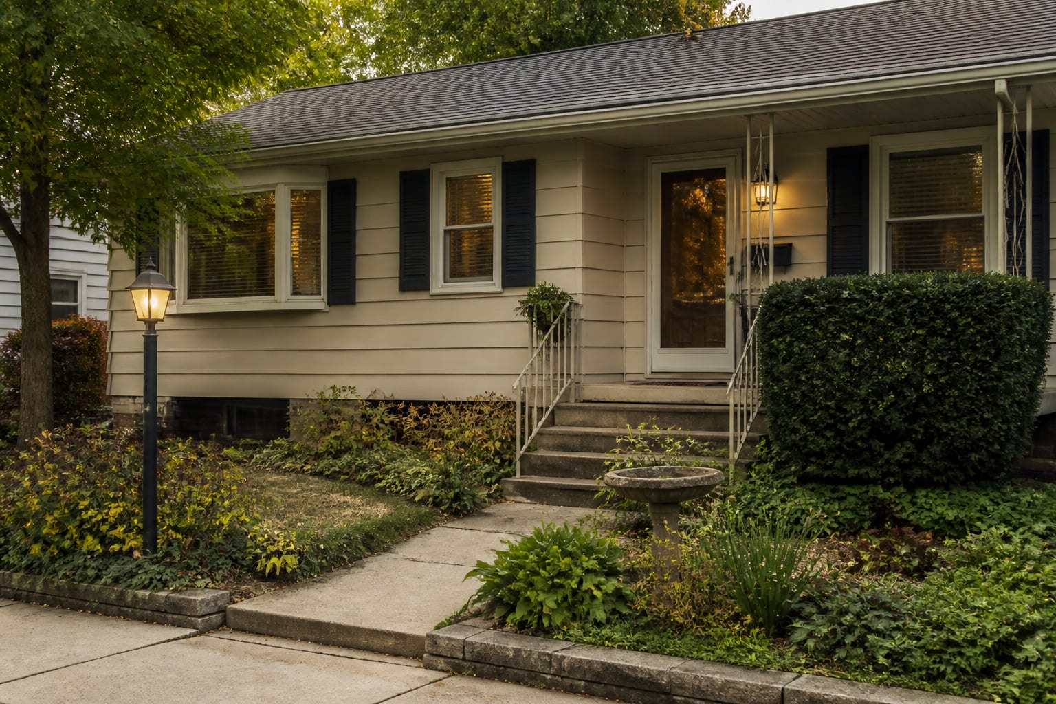 suburban house exterior with dated beige siding, dark shutters, narrow porch, and patchy planting beds ready for redesign