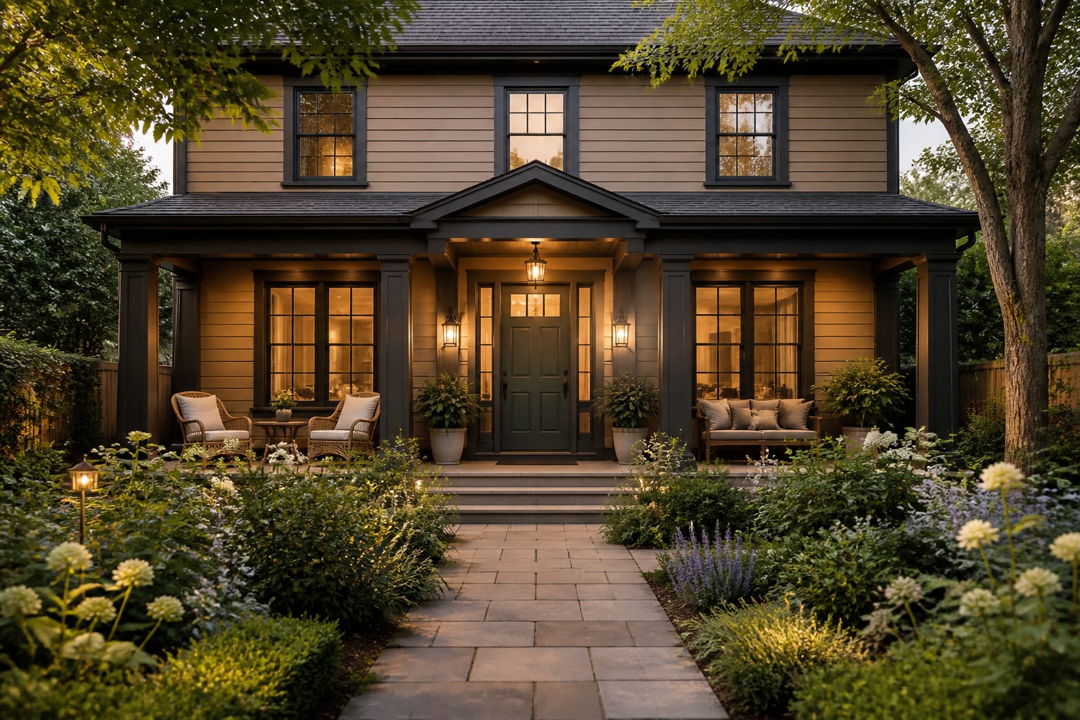 front elevation preview showing warmer siding, darker trim, black lanterns, a painted door, and layered planting along the walkway