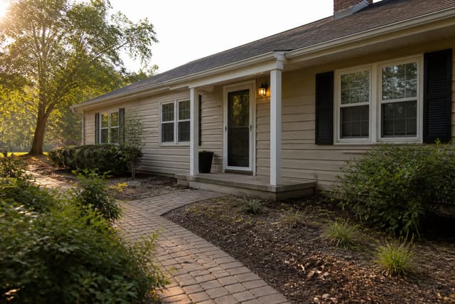 suburban house exterior with dated beige siding, dark shutters, narrow porch, and patchy planting beds ready for redesign