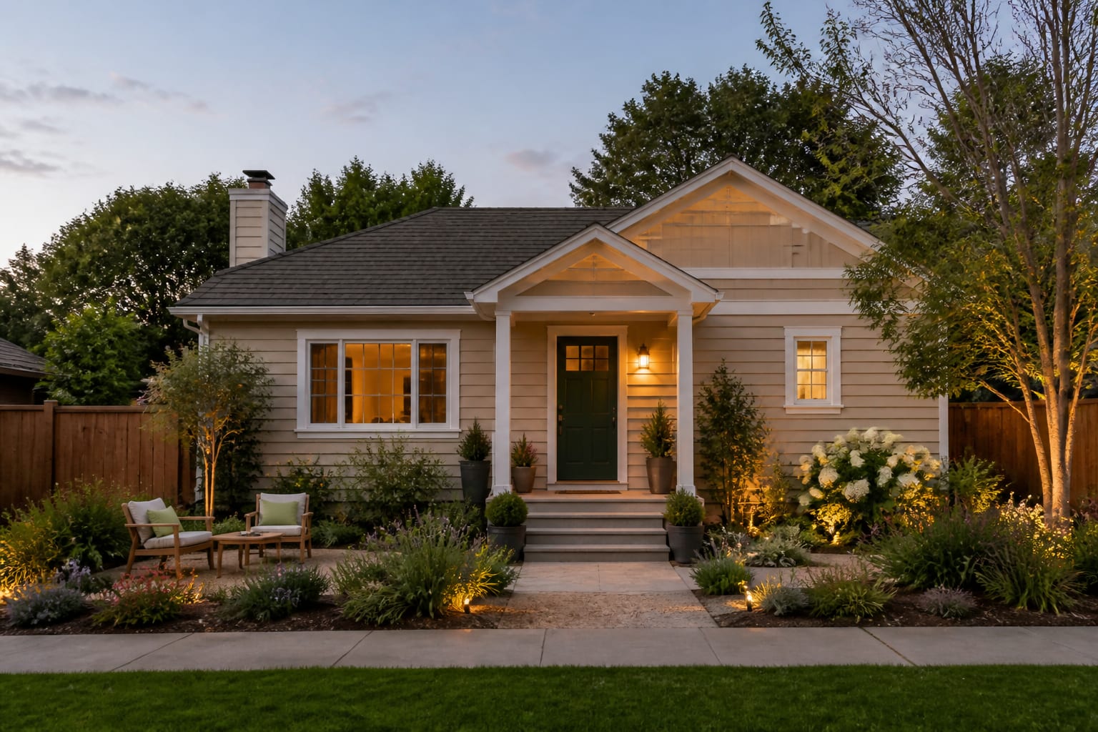 same house angle redesigned with warm body paint, cleaner trim, a green front door, larger entry presence, and layered shrubs tying the palette together.