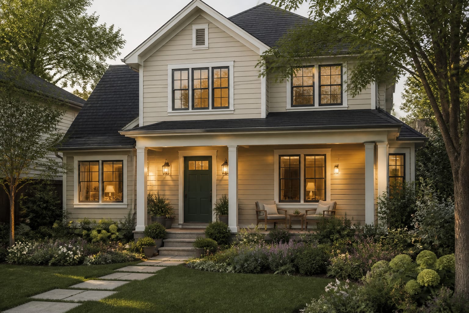 two story house exterior with beige siding, dark roof, green front door, crisp trim, and layered foundation planting