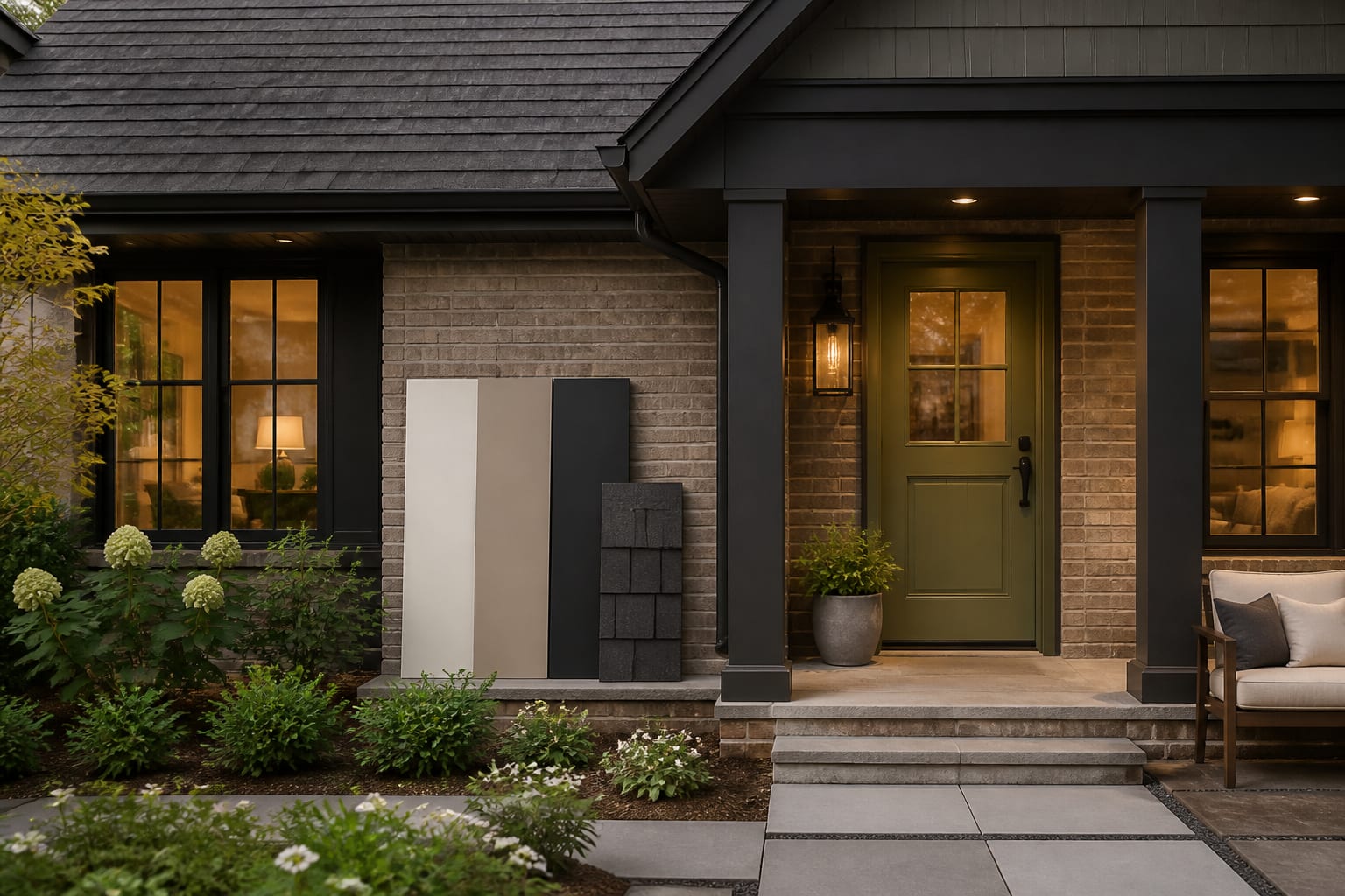 front elevation paint sample boards beside brick, roof shingles, dark trim, and a muted green door preview