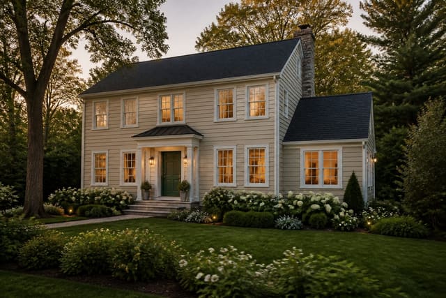 two story house exterior with beige siding, dark roof, green front door, crisp trim, and layered foundation planting