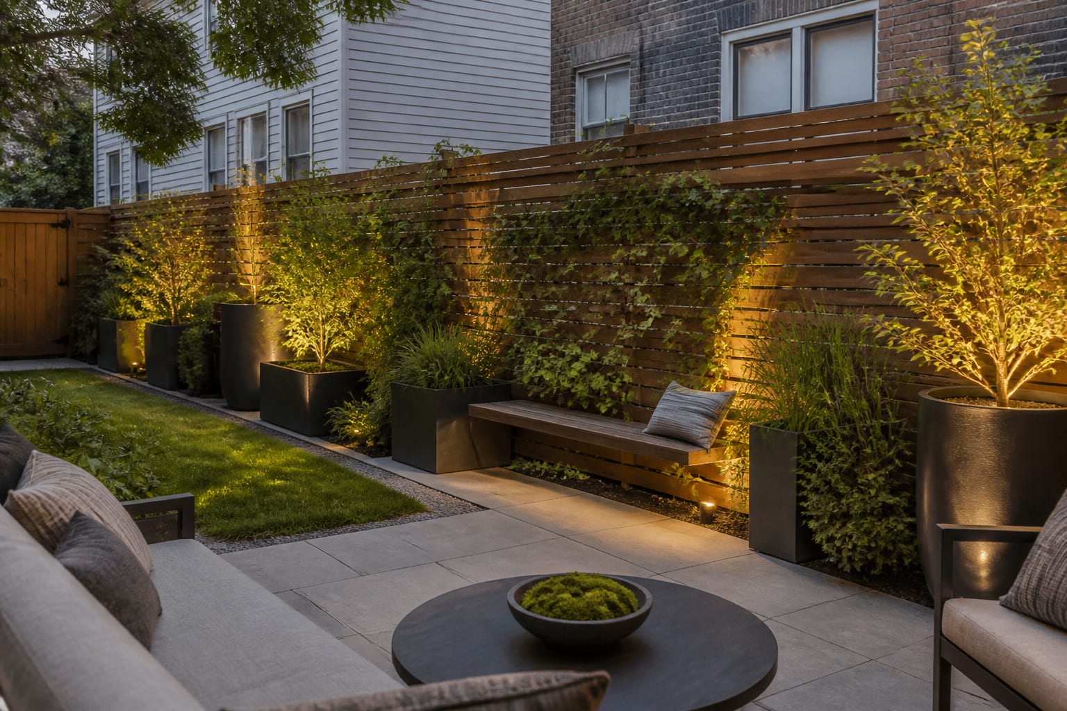 AI fence privacy screen design preview with layered slat screen, planters, climbing greenery, seating, and warm lighting