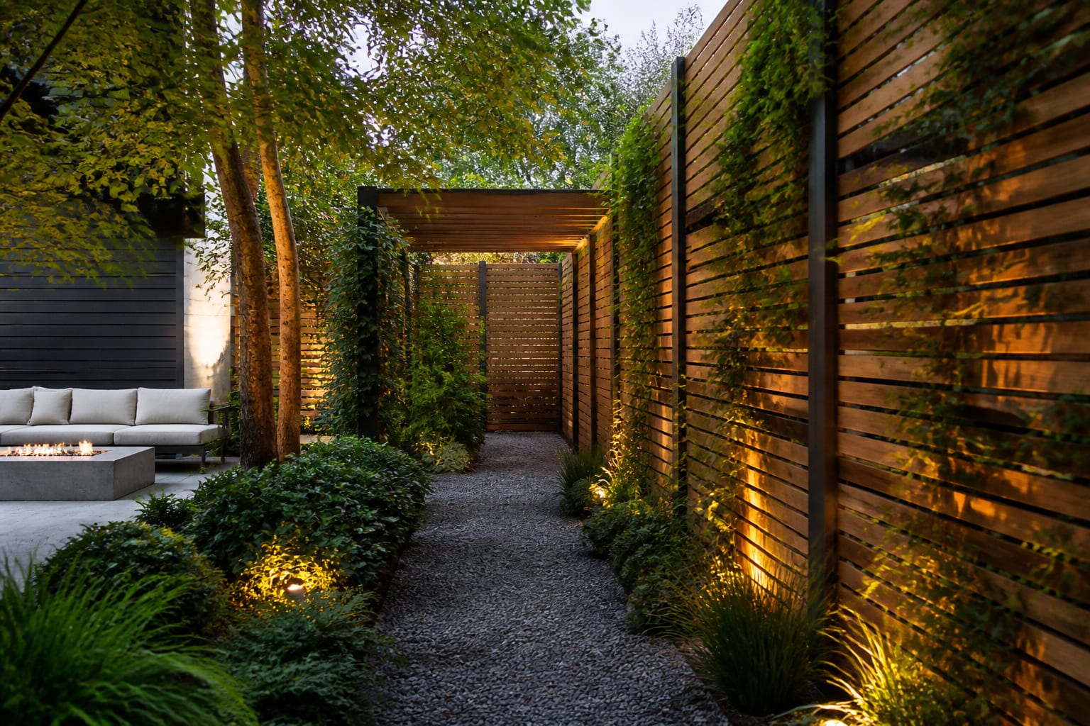 layered backyard privacy screen with timber slats, climbing plants, gravel path, and warm outdoor lighting