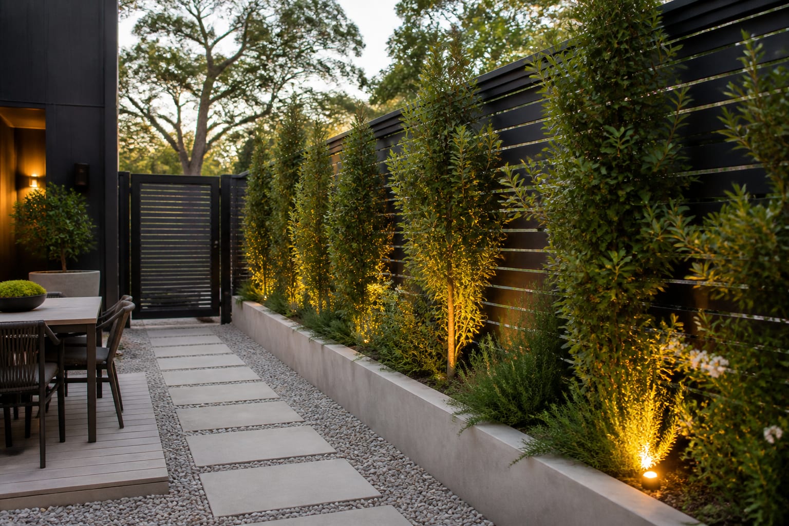modern backyard fence with planted privacy strip, low exterior lights, and clear gravel path beside a gate