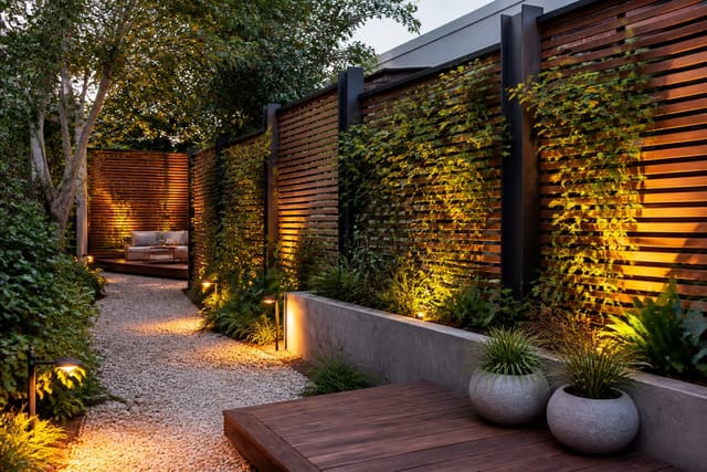 layered backyard privacy screen with timber slats, climbing plants, gravel path, and warm outdoor lighting