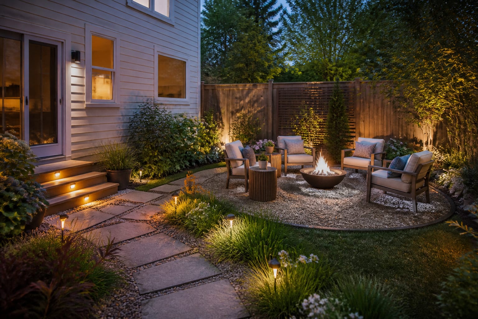 same backyard angle redesigned with gravel fire pit pad, four outdoor chairs, side tables, layered planters, privacy screen, and warm low lights.
