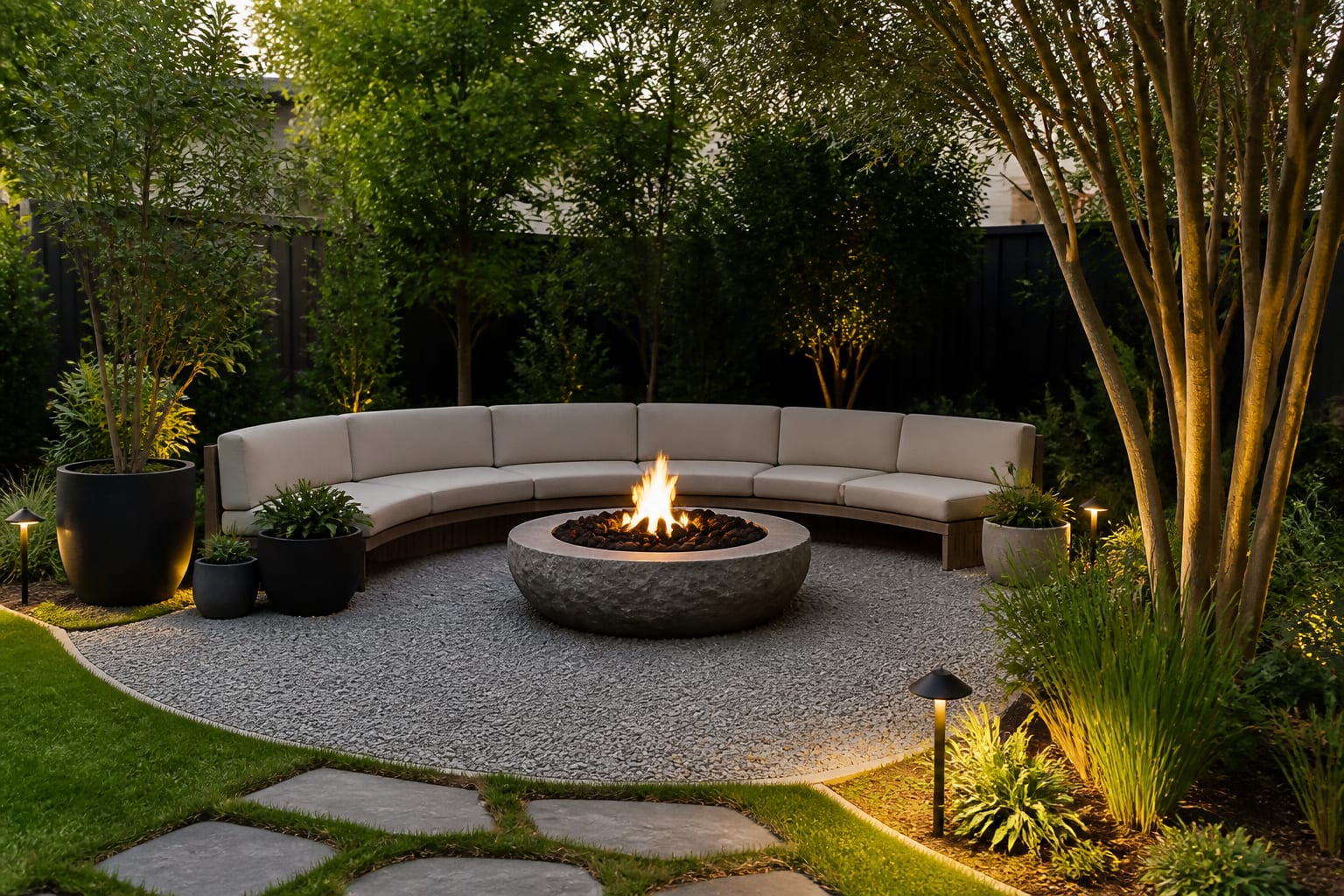 backyard fire pit area with curved seating, gravel surround, planters, and warm path lighting around a low stone fire bowl