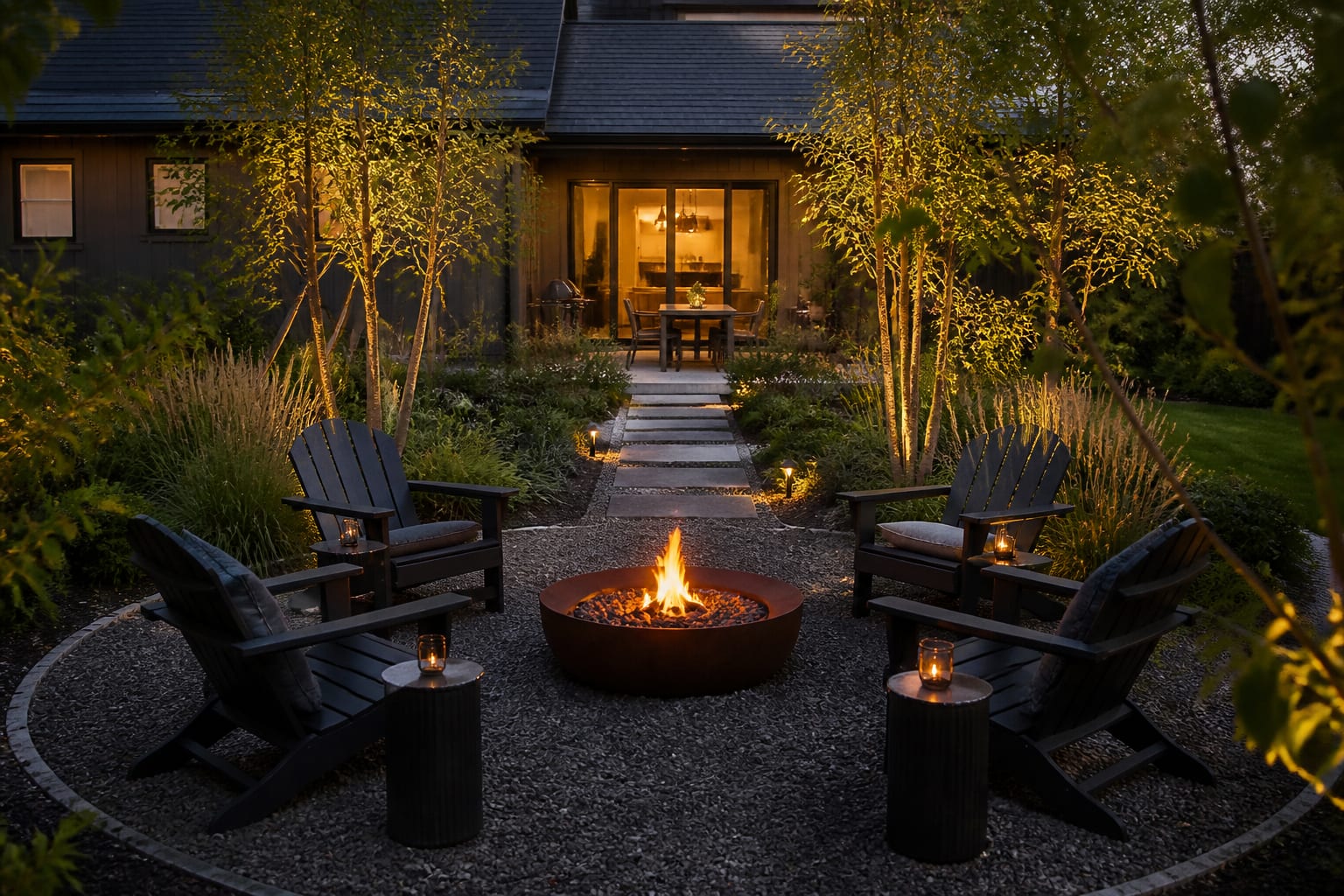 defined fire pit seating ring with gravel flooring, side tables, tall grasses, and a clear path leading back to the patio door