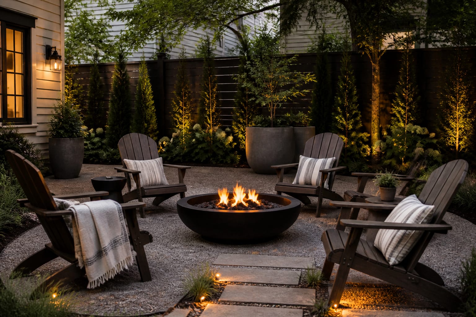 evening backyard fire pit area with warm path lights, grouped lounge chairs, blankets, and planters screening a neighboring fence